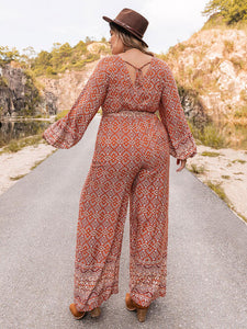 Printed V-Neck Tie Front Balloon Sleeve Jumpsuit
