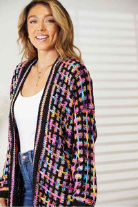 Double Take Multicolored Open Front Fringe Hem Cardigan