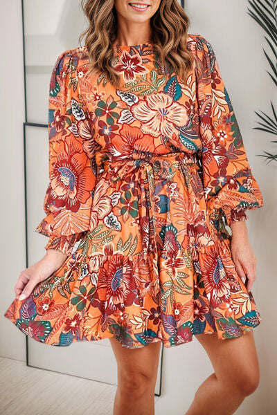 Tropical Print Tie Waist Lantern Sleeve Mini Dress