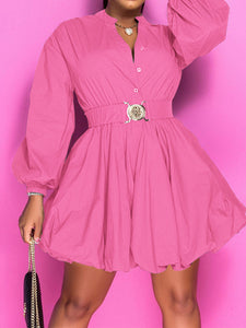 Notched Button Up Balloon Sleeves Dress